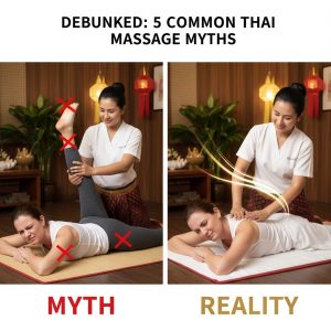 A person looking relaxed while receiving a professional session, debunking common Thai massage myths