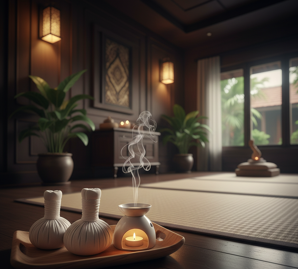 Thai massage herbal compress and spa decor at Lanna Thai Spa Burnaby.